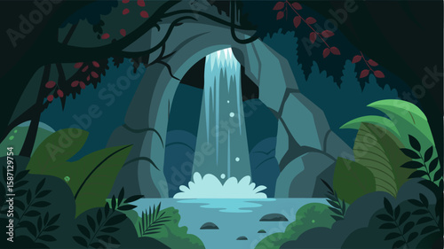 The waterfall grotto is hidden behind a thick veil of vines adding to the sense of mystery and enchantment.