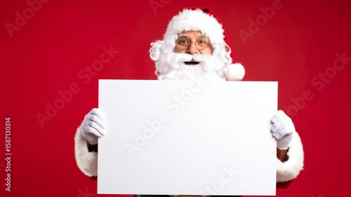Santa Claus, in his traditional attire, holds up a blank sign against a red backdrop. He wears a hat, glasses, and a white beard