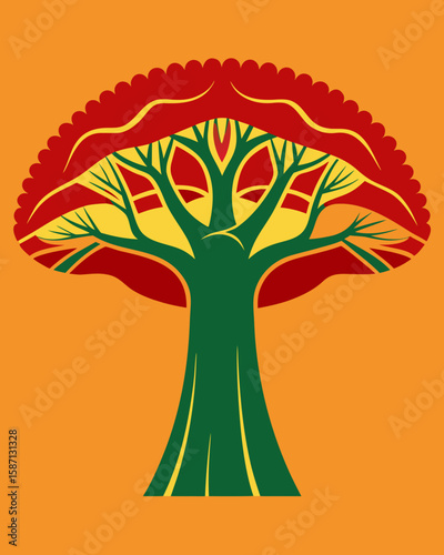 Stylized tree artwork in green, red, and gold offers a unique design element for nature-themed branding and graphic design projects.