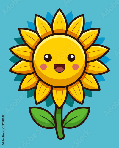 Cheerful sunflower with a cute face brings warmth and joy; a vibrant graphic suitable for children's designs and summer themes.