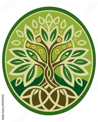 A detailed tree design within a green circle, ideal for logo usage or to embellish organic and natural themed projects.