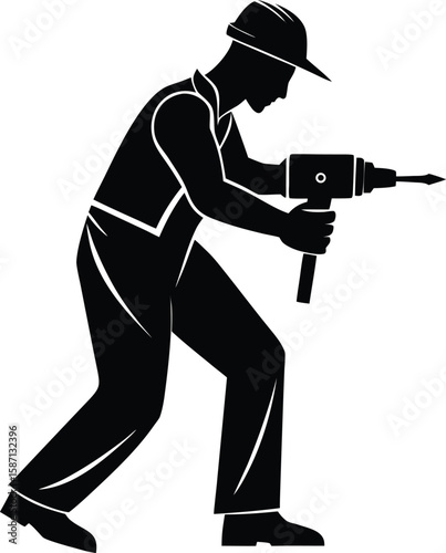 Construction Worker Drilling Vector Silhouette