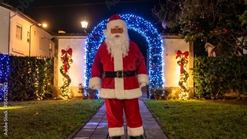 Santa Claus poses in front of a glowing arch, flanked by festive decorations, at night. The scene is in a courtyard with a house and lights