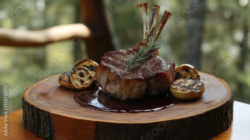 Grilled lamb chop, rosemary, sauce, wood board, forest view, restaurant