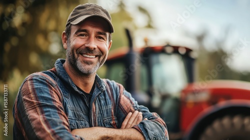 Confident farmer standing near his tractor on a farm, looking into the camera