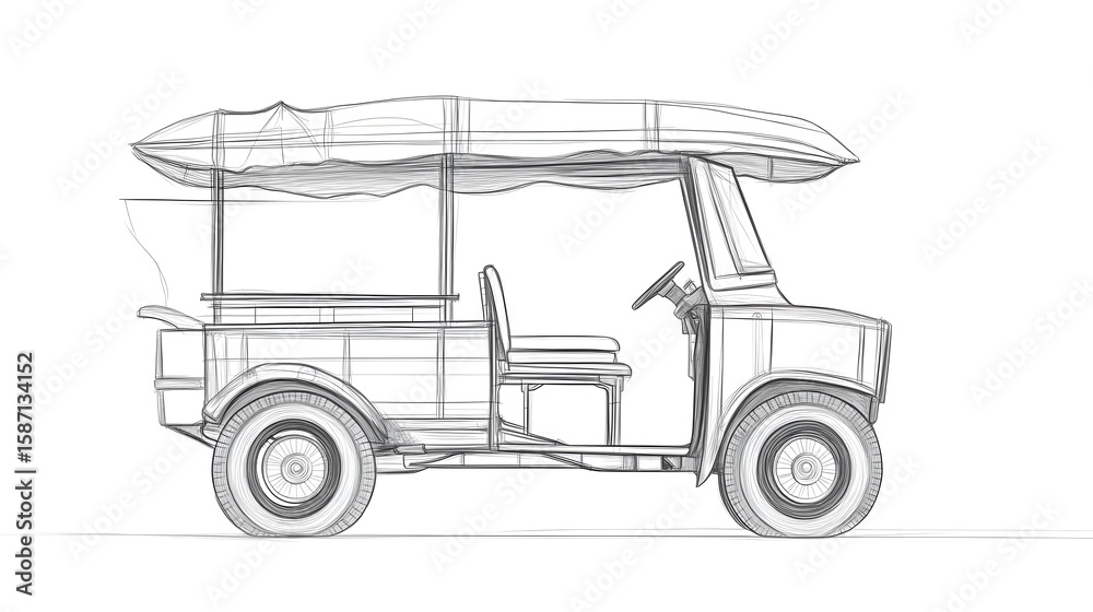 Obraz premium Line drawing of a small, open-air vehicle.
