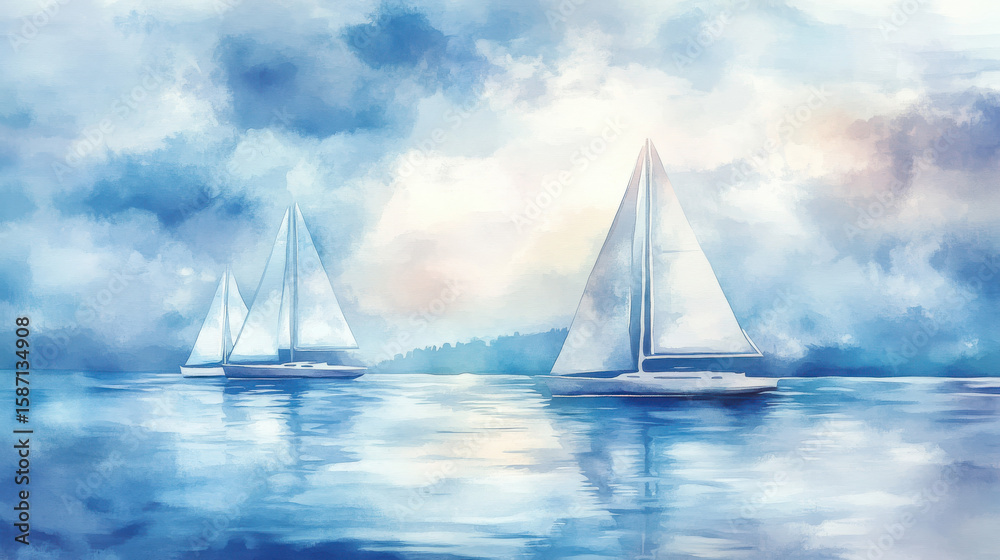 Fototapeta premium Hand-painted watercolor nautical scene, sailboats drifting under a breezy sky, peaceful ocean waves blending soft blues and whites, high-resolution art —ar 16:9 