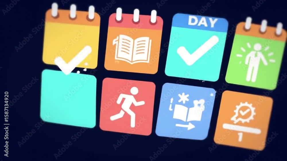 A digital calendar interface with various icons representing daily tasks and activities.