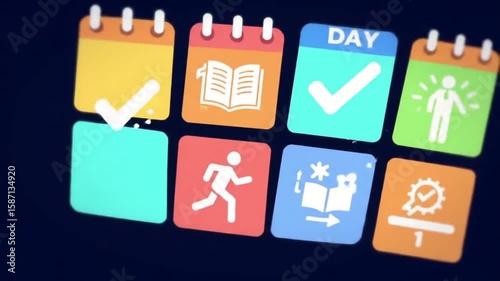 A digital calendar interface with various icons representing daily tasks and activities.