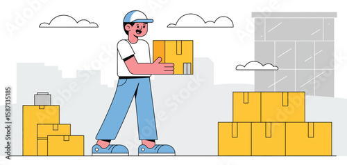 Delivery person carrying a package with stacks of boxes and city buildings