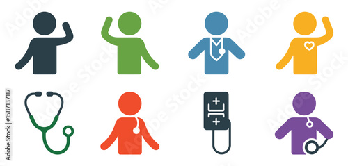Collection of diverse medical icons representing healthcare professionals and equipment