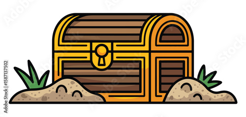 Cartoon treasure chest partially buried in sand with grass and a keyhole lock