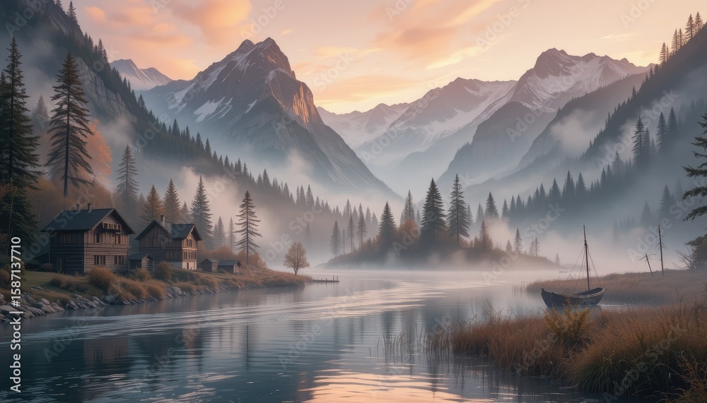 Naklejka premium A serene landscape featuring mountains, a river, houses, trees, and a boat under a soft sky light