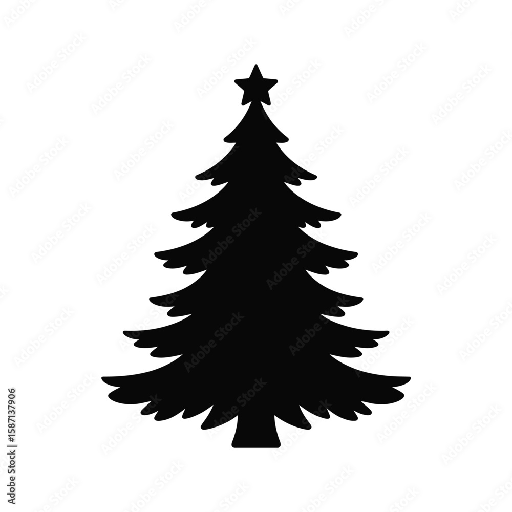 Obraz premium Black silhouette of a christmas tree with a star on top isolated on white background