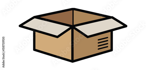 Open cardboard box with flaps extended and parallel lines on the side