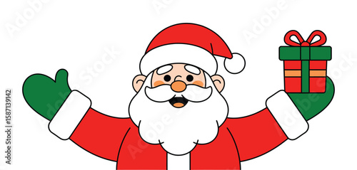 Happy santa claus character holding a gift in his gloved hand