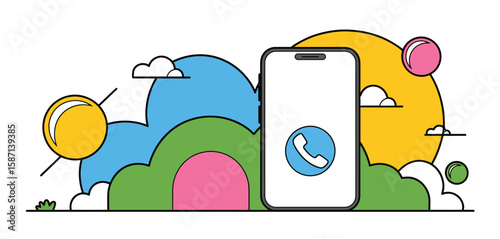 Modern smartphone displaying a call icon against a colorful abstract landscape background
