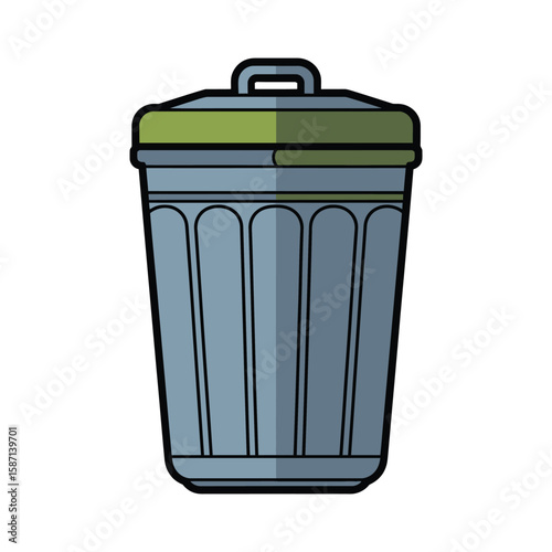 Stylized illustration of a blue trash can with a green lid and handle