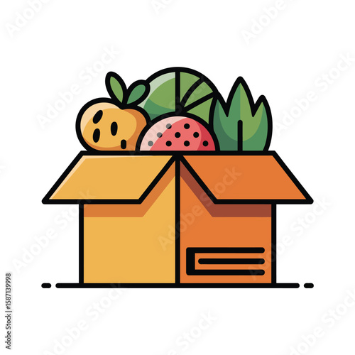 Open cardboard box filled with fresh fruits and green leafy vegetables