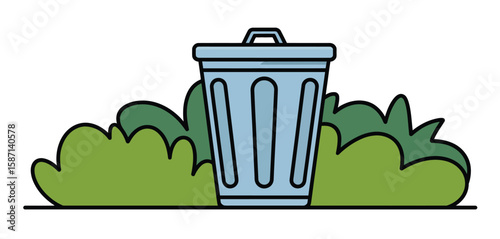A light blue trash can with a lid sits behind green bushes on a white background