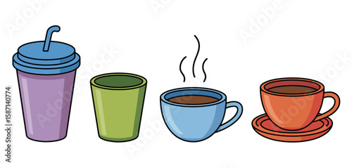 Four colorful cartoon cups and mugs with drinks and steam on a white background