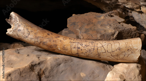 Giant sloth bone adorned with shifting cave paintings depicting hunting scenes and celestial maps.
