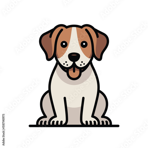 Cute cartoon dog with brown and white markings sitting happily