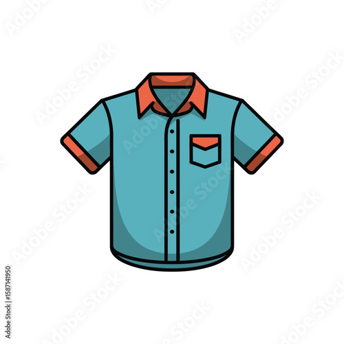 Cartoon illustration of a short sleeve blue button up shirt with orange collar and cuffs