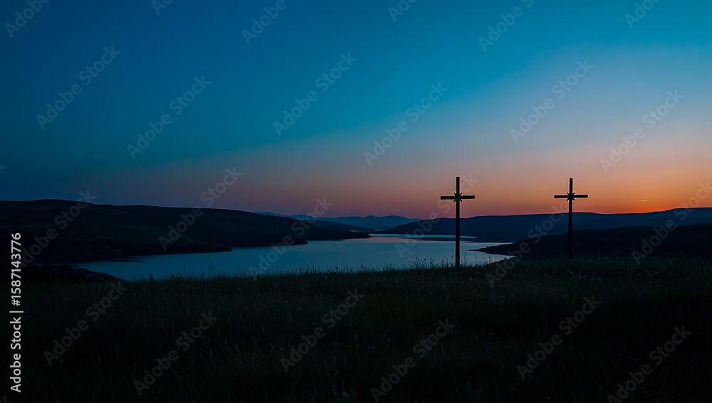 Obraz premium The silhouettes of three crosses are drawn on the horizon against the bright blue sky at sunset, framed by distant rolling hills and a calm lake in the background 
