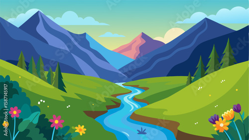 The sound of bubbling water fills the air as a mountain stream flows through a verdant valley its banks lined with colorful wildflowers.