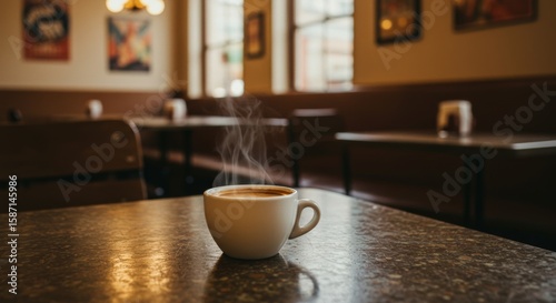 Single Cup of Steaming Coffee on a Speckled Table in a Quiet Retro Cafe Atmosphere