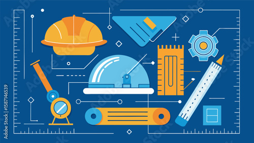 Closeup of a blueprint featuring intricate lines and measurements surrounded by hard hats and various tools on a cluttered table.. Vector illustration