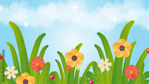 Vibrant flowers among lush greenery underneath a clear blue sky. Ideal for nature, spring, gardening, and outdoor themed designs.