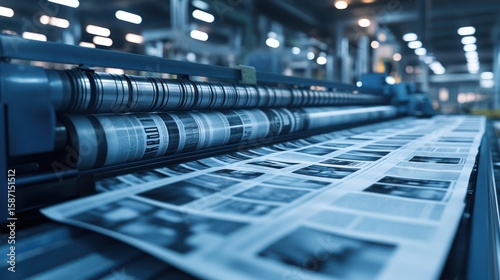 Factory printing press newspapers, industrial production line, mass media