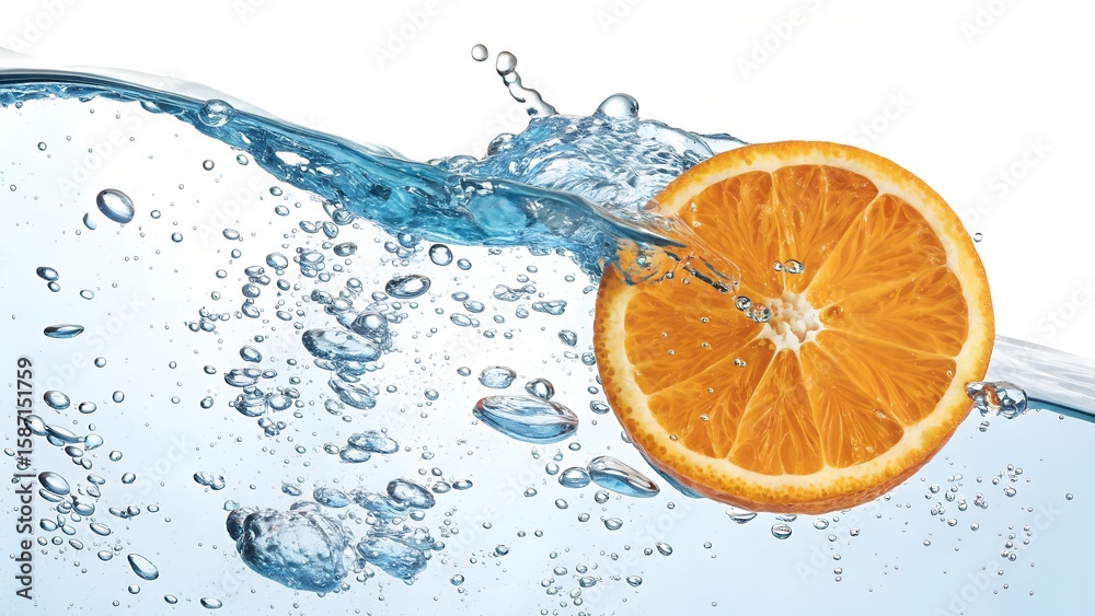 Fresh Orange Slice Splashing in Water with Air Bubbles on White Background – Concept of Hydration, Vitamin C, and Refreshing Citrus Fresh Orange Slice Splashing in Water with Air Bubbles on White Background – Concept of Hydration, Vitamin C, and Refreshing Citrus