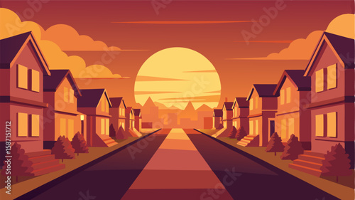 The sun sets behind the rows of houses casting a warm golden glow on the peaceful streets of this suburban community.