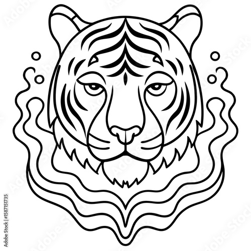 Striking outlined tiger portrait for artistic prints or modern logo applications, exuding power and grace with a simplified black and white design.