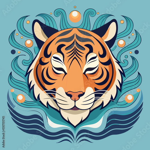 Captivating tiger head design with elegant wave details creating a mystic and modern artistic impression on a light blue background.