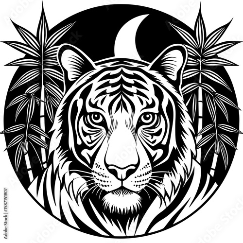 Majestic tiger with bamboo leaves and moon design, perfect for wildlife themes or eastern-inspired artworks in black and white.