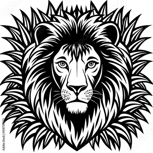 Majestic lion head with striking mane radiates strength and power in this striking black and white design, suitable for logos and branding.