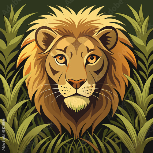 Majestic lion prowls among stylized grass, a striking graphic suitable for branding and creative animal-themed designs.