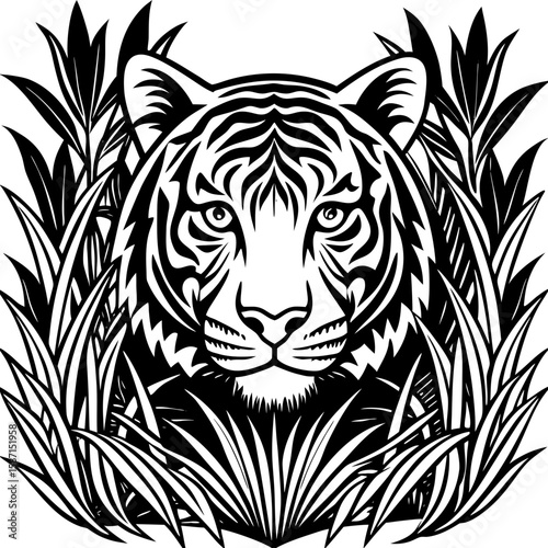 Intricate tiger face peeking through dense jungle foliage in bold black and white, perfect for nature-themed branding and wildlife designs.