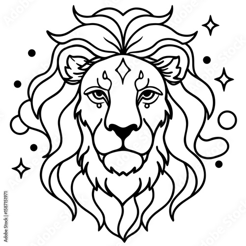 Majestic lion head graphic with bold outlines and celestial elements creates a powerful and captivating symbol or tattoo design.
