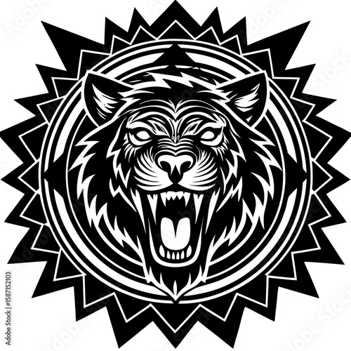 Fierce tiger head design presented with striking black and white contrast, perfect for emblems, creative branding, or impactful graphic accents.