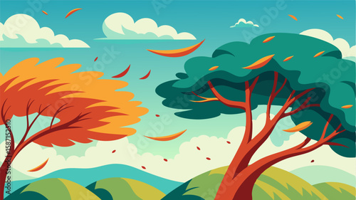 The treetops sway in the warm breeze their branches rustling and whispering secrets as they brush against each other.