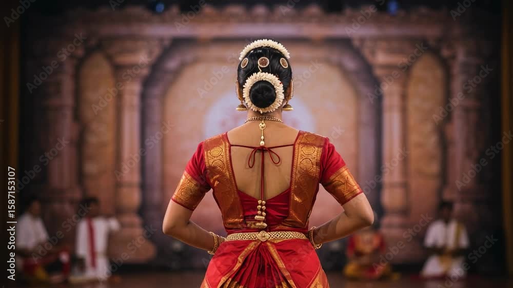 Back view of a female Indian classical dancer in a traditional red and gold costume. Woman performing Bharatanatyam on a stage during a cultural event.