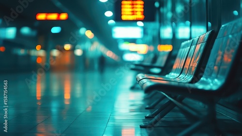 Empty train station seats, night, departures board, waiting