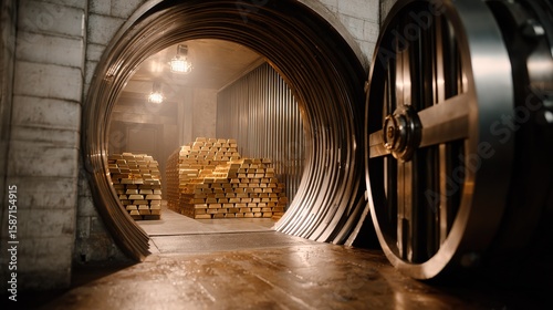 vault door is open revealing stacks of gold bars within  secure bank vault