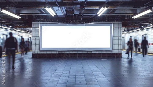 Nighttime urban street scene featuring a brightly lit  blank billboard at a station. The surroundings include illuminated signs  wet reflective pavement  and a few pedestrians.