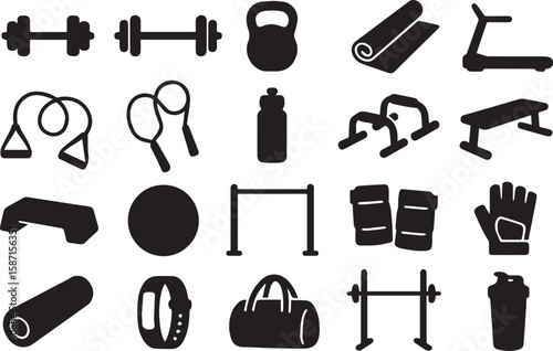 set of silhouettes of gym tools 